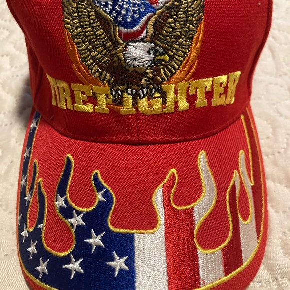USA Firefighter Vintage Ball Cap Velcro Back Strap Flame Red White Blue Flag - Picture 5 of 5
